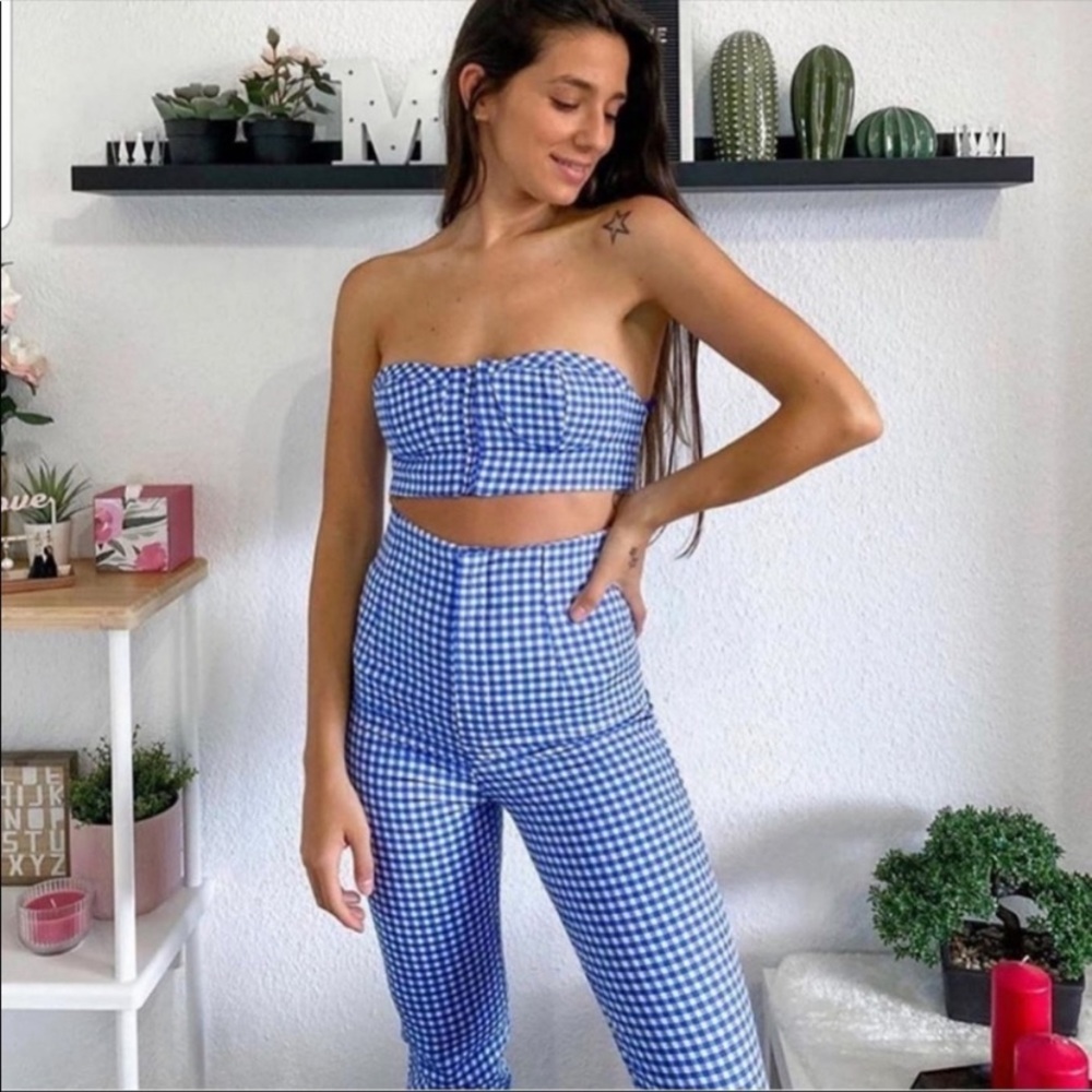 Zara Blue White Gingham Strapless Crop Top & High-Waist Pants Set